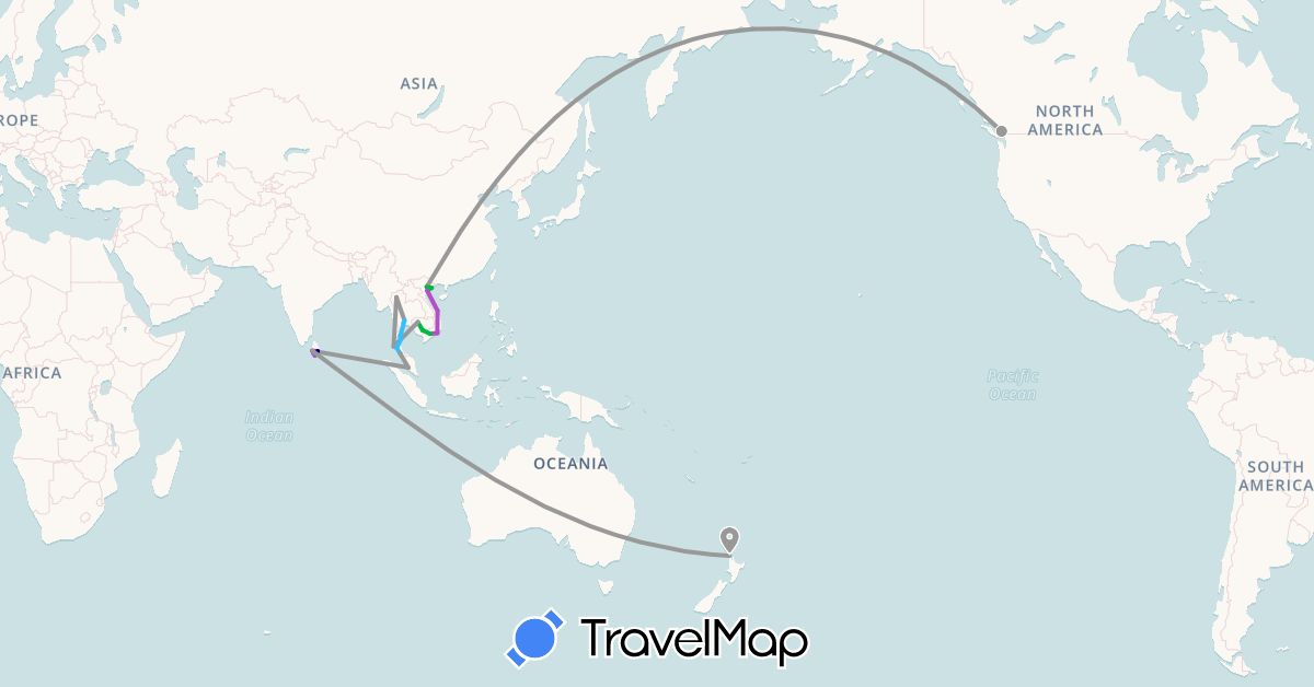 TravelMap itinerary: driving, bus, plane, train, boat in Canada, Cambodia, Sri Lanka, Malaysia, New Zealand, Thailand, Vietnam (Asia, North America, Oceania)
